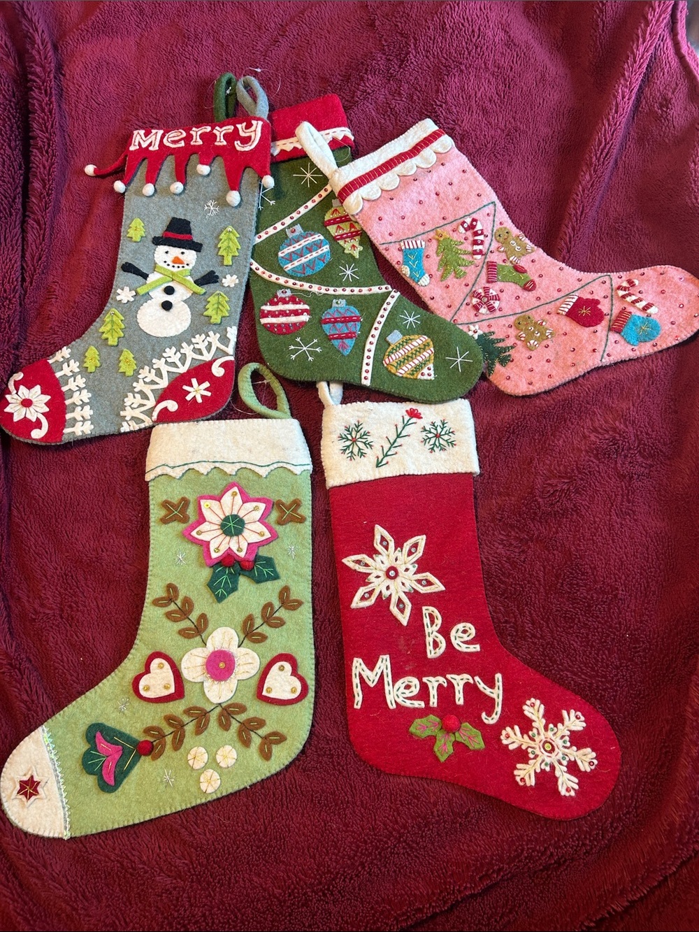 Lot of 5 Cost Plus World Market Holiday Felt Christmas Stockings